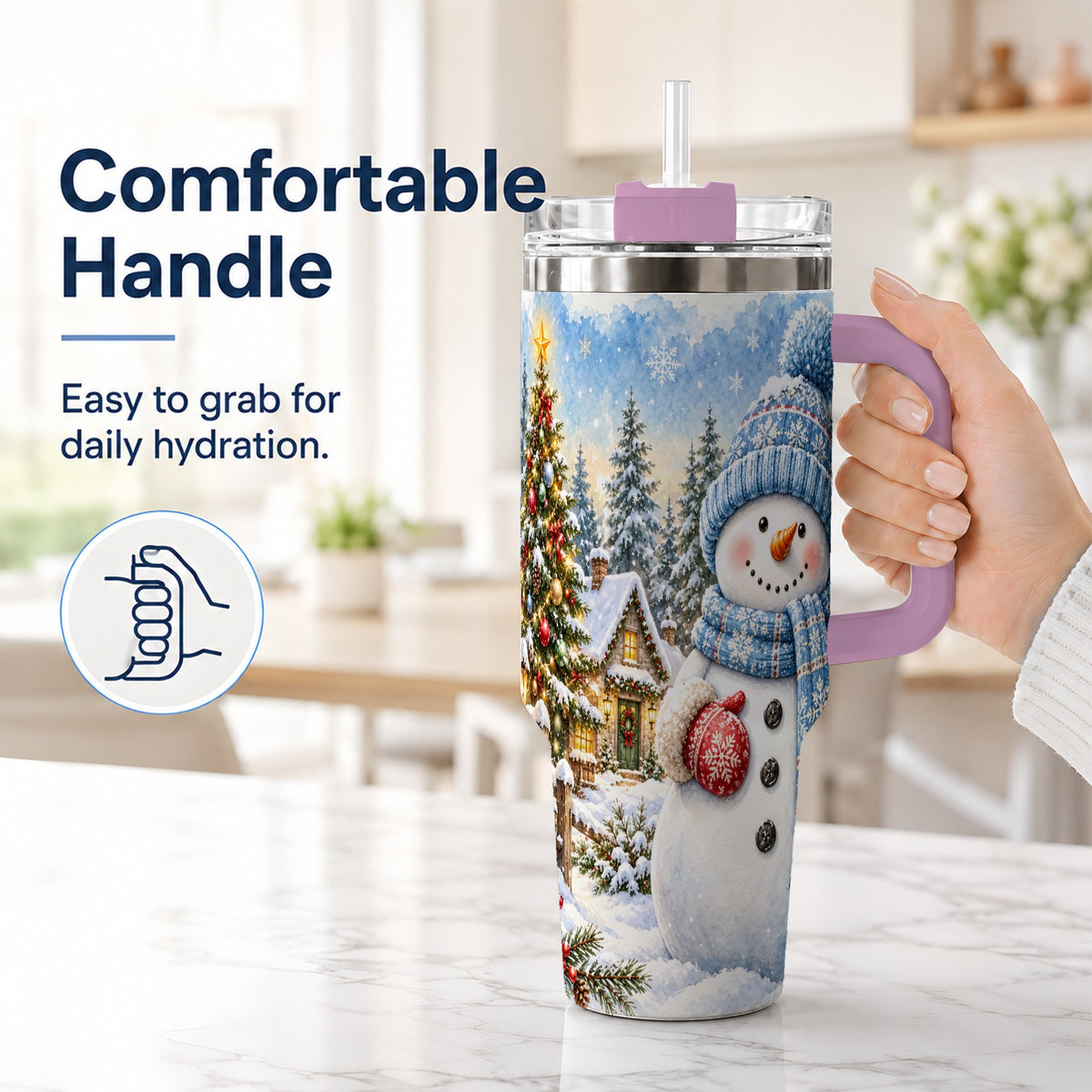 #pl[40oz|Pink] Watercolor Snowman 40oz Tumbler with Handle, Winter Village Travel Cup