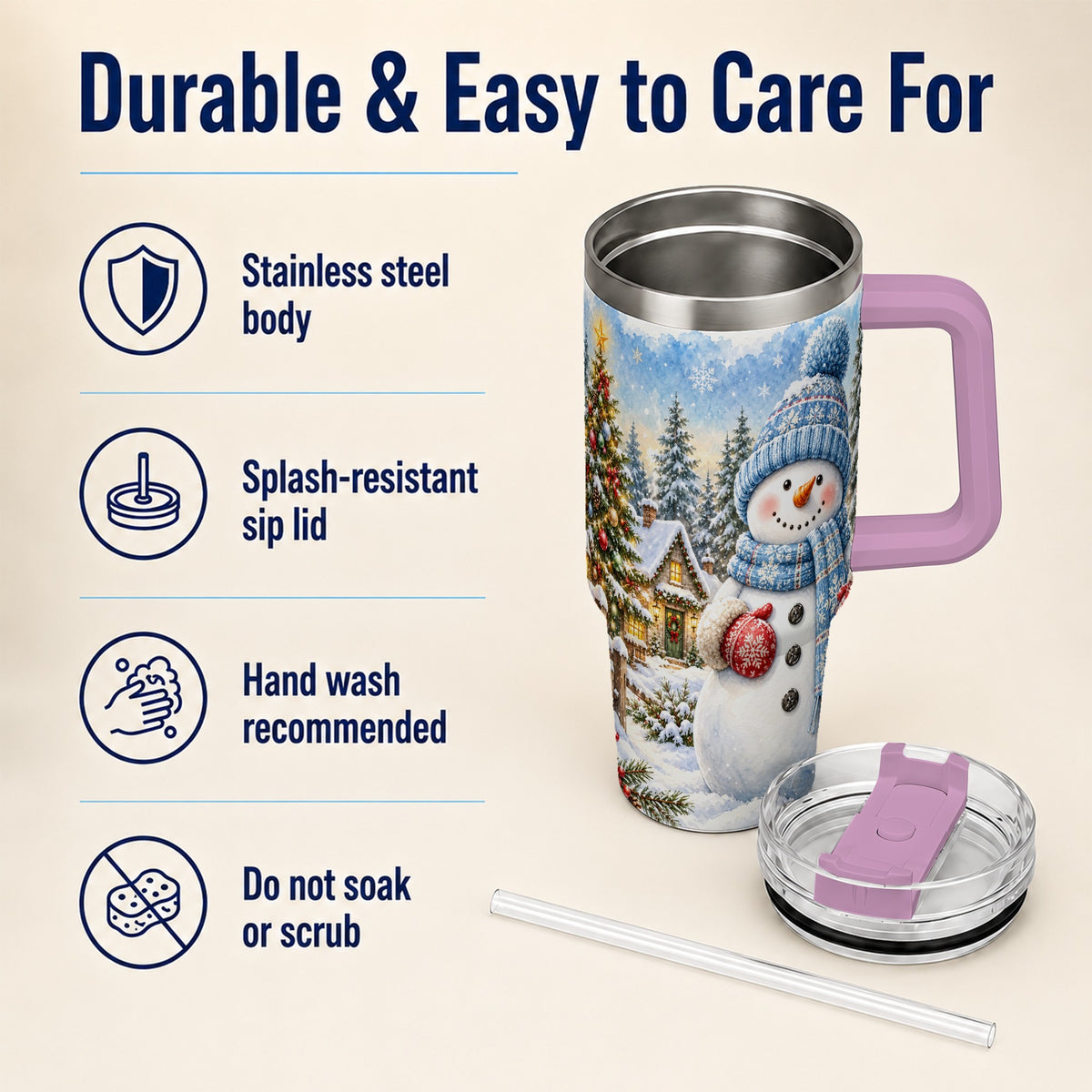 #pl[40oz|Pink] Watercolor Snowman 40oz Tumbler with Handle, Winter Village Travel Cup