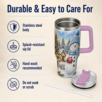 #pl[40oz|Pink] Watercolor Snowman 40oz Tumbler with Handle, Winter Village Travel Cup