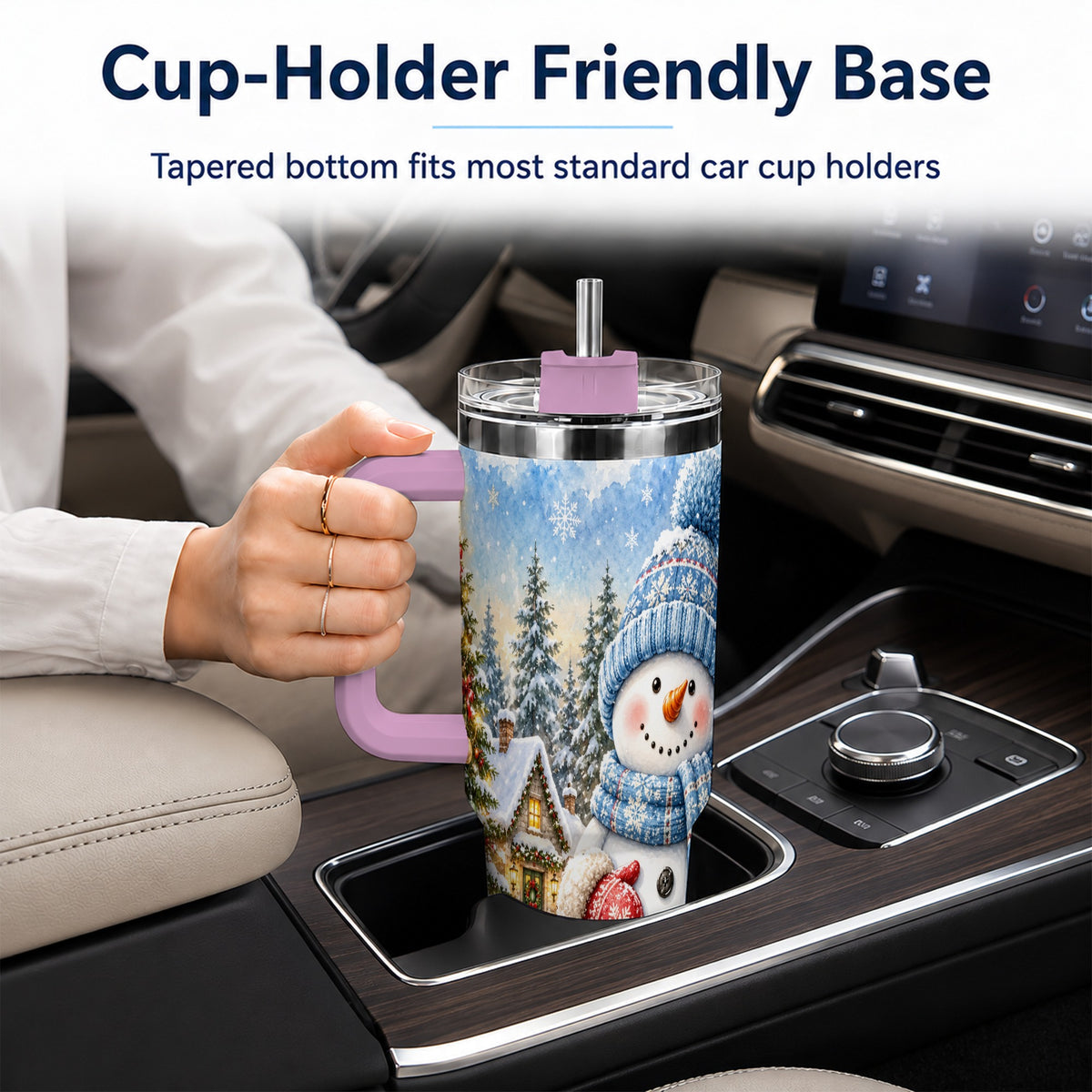 #pl[40oz|Pink] Watercolor Snowman 40oz Tumbler with Handle, Winter Village Travel Cup