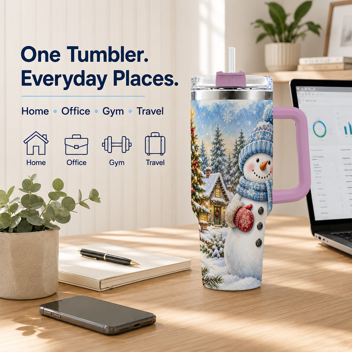 #pl[40oz|Pink] Watercolor Snowman 40oz Tumbler with Handle, Winter Village Travel Cup