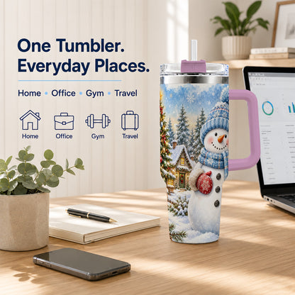 #pl[40oz|Pink] Watercolor Snowman 40oz Tumbler with Handle, Winter Village Travel Cup