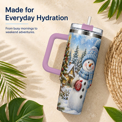 #pl[40oz|Pink] Watercolor Snowman 40oz Tumbler with Handle, Winter Village Travel Cup