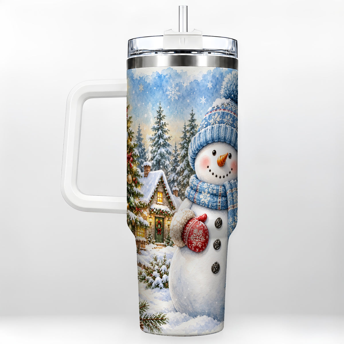 Watercolor Snowman 40oz Tumbler with Handle, Winter Village Travel Cup
