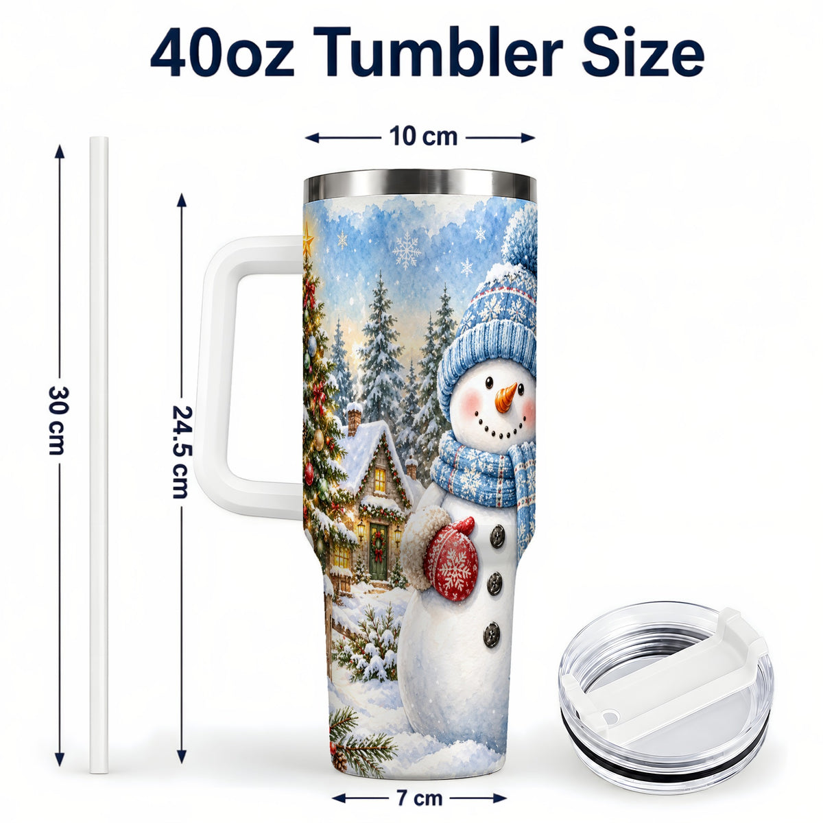 #pl[40oz|White] Watercolor Snowman 40oz Tumbler with Handle, Winter Village Travel Cup