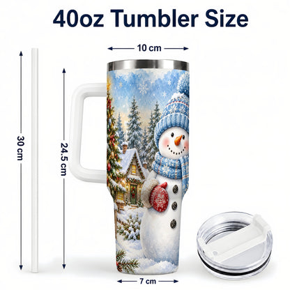 #pl[40oz|White] Watercolor Snowman 40oz Tumbler with Handle, Winter Village Travel Cup