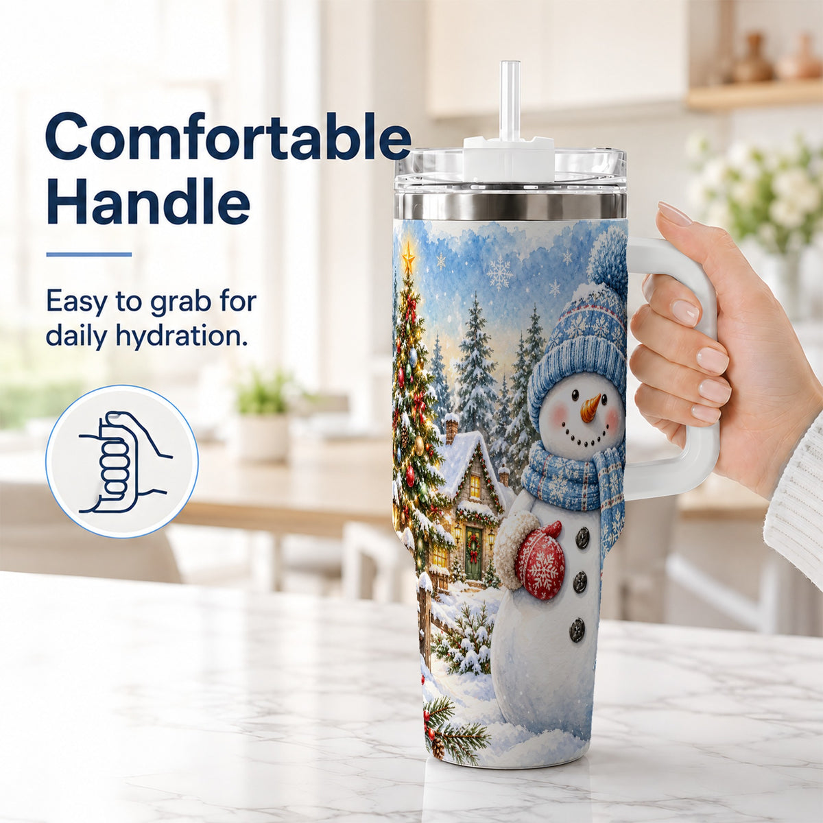#pl[40oz|White] Watercolor Snowman 40oz Tumbler with Handle, Winter Village Travel Cup