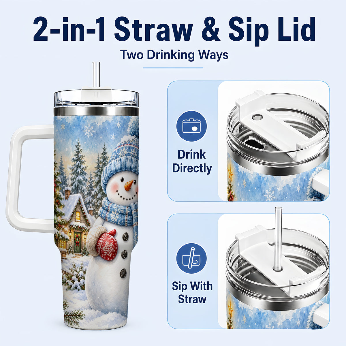 #pl[40oz|White] Watercolor Snowman 40oz Tumbler with Handle, Winter Village Travel Cup
