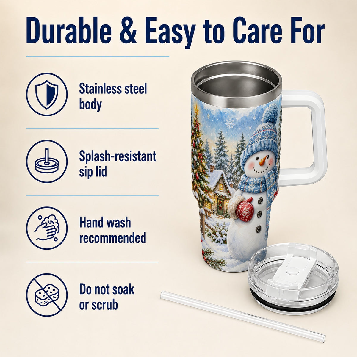 #pl[40oz|White] Watercolor Snowman 40oz Tumbler with Handle, Winter Village Travel Cup