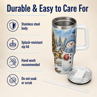 #pl[40oz|White] Watercolor Snowman 40oz Tumbler with Handle, Winter Village Travel Cup