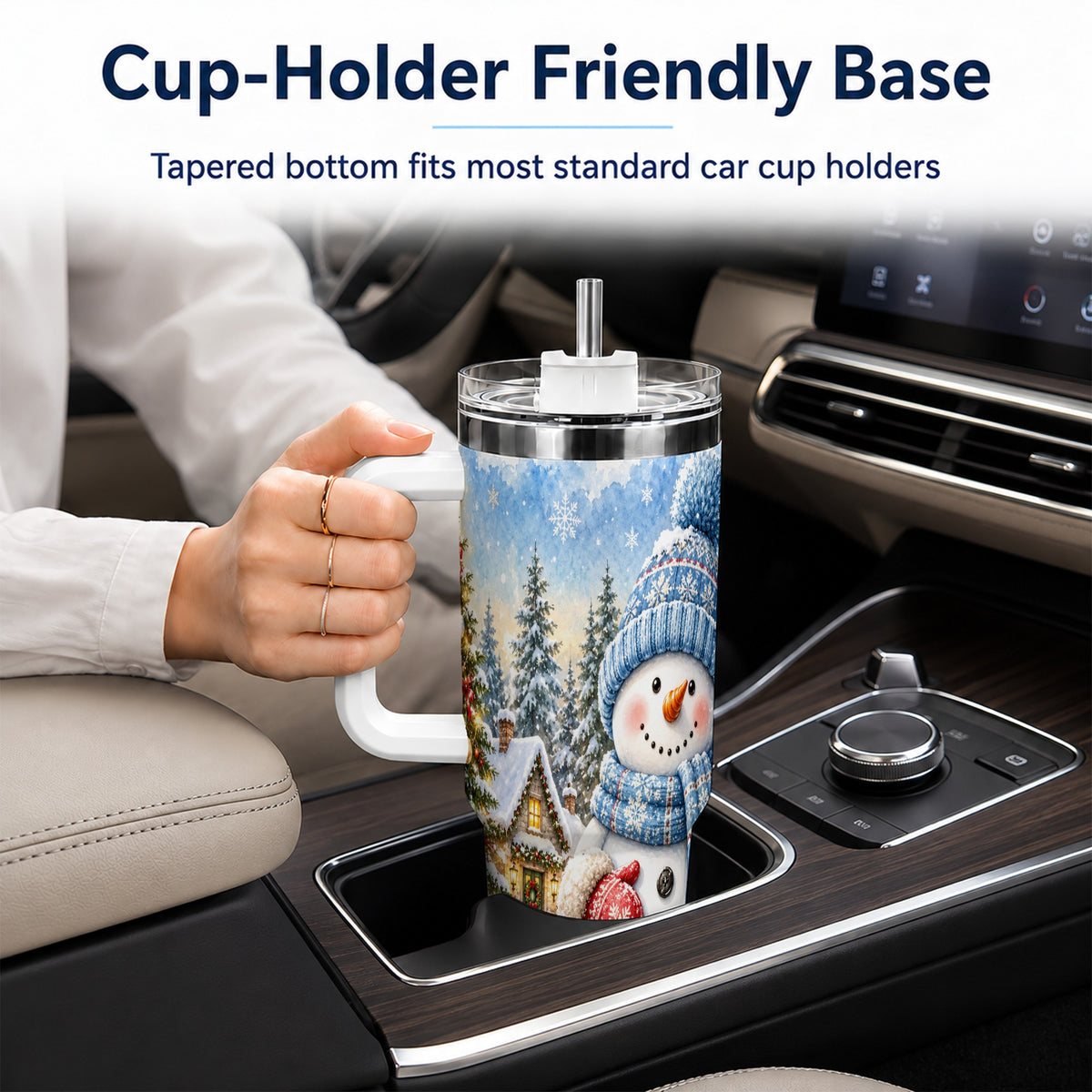 #pl[40oz|White] Watercolor Snowman 40oz Tumbler with Handle, Winter Village Travel Cup