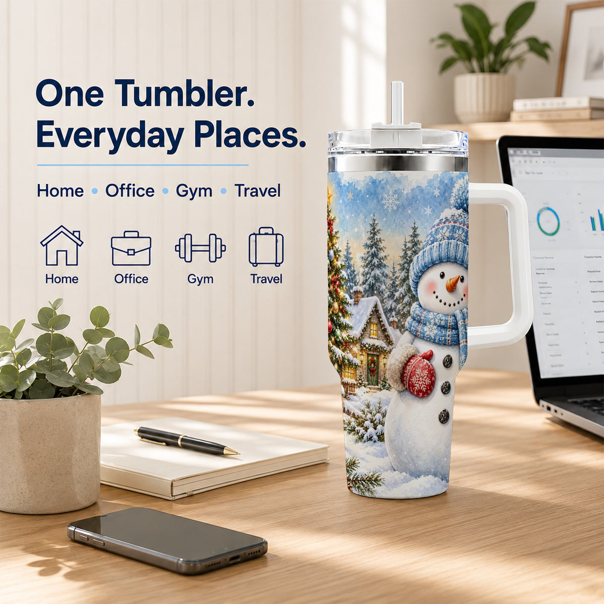 #pl[40oz|White] Watercolor Snowman 40oz Tumbler with Handle, Winter Village Travel Cup