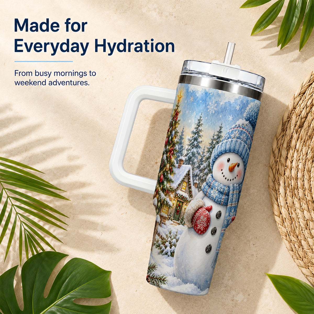 #pl[40oz|White] Watercolor Snowman 40oz Tumbler with Handle, Winter Village Travel Cup