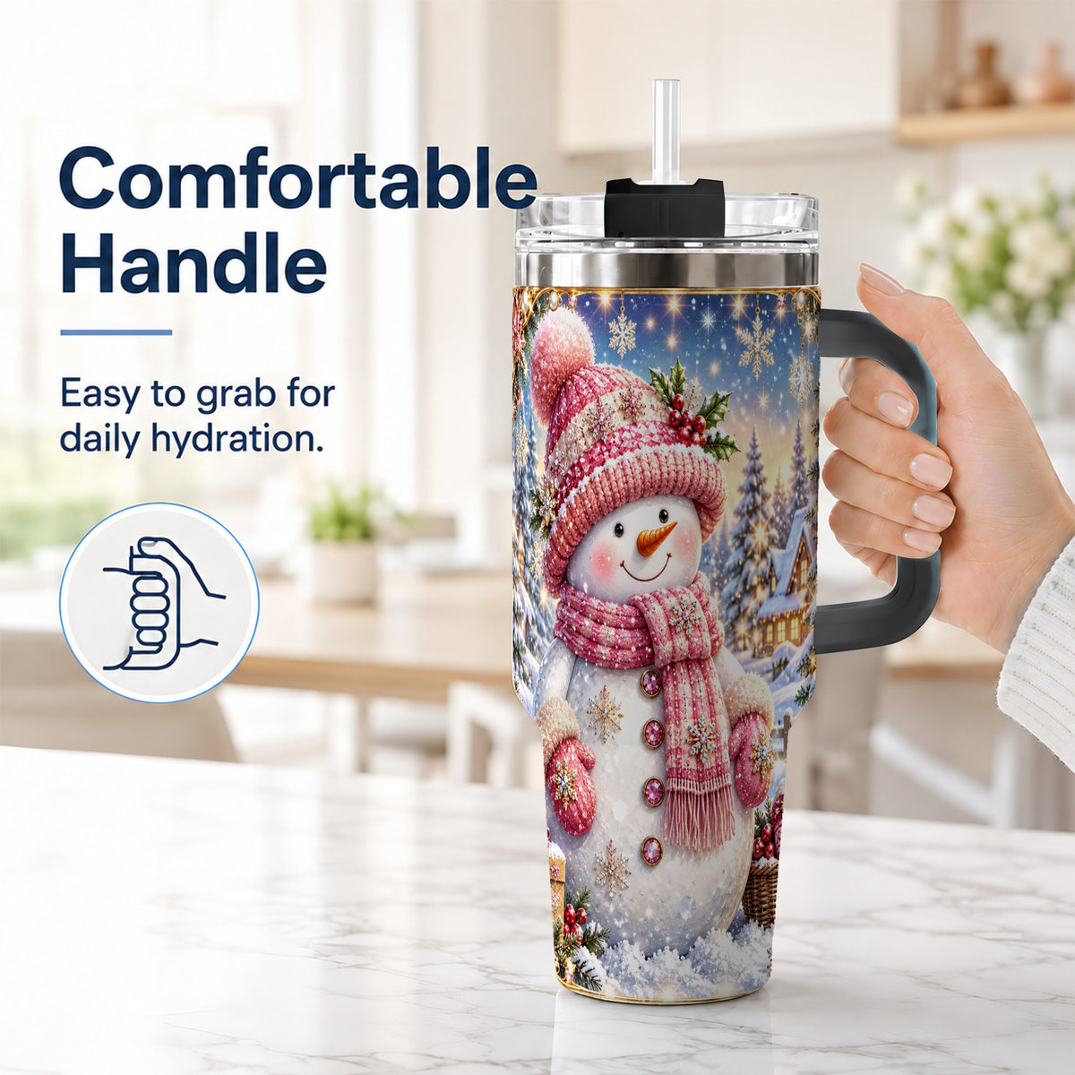 #pl[40oz|Black] Pink Snowman 40oz Tumbler with Handle, Winter Village Travel Cup