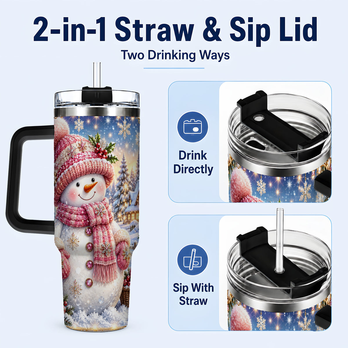#pl[40oz|Black] Pink Snowman 40oz Tumbler with Handle, Winter Village Travel Cup