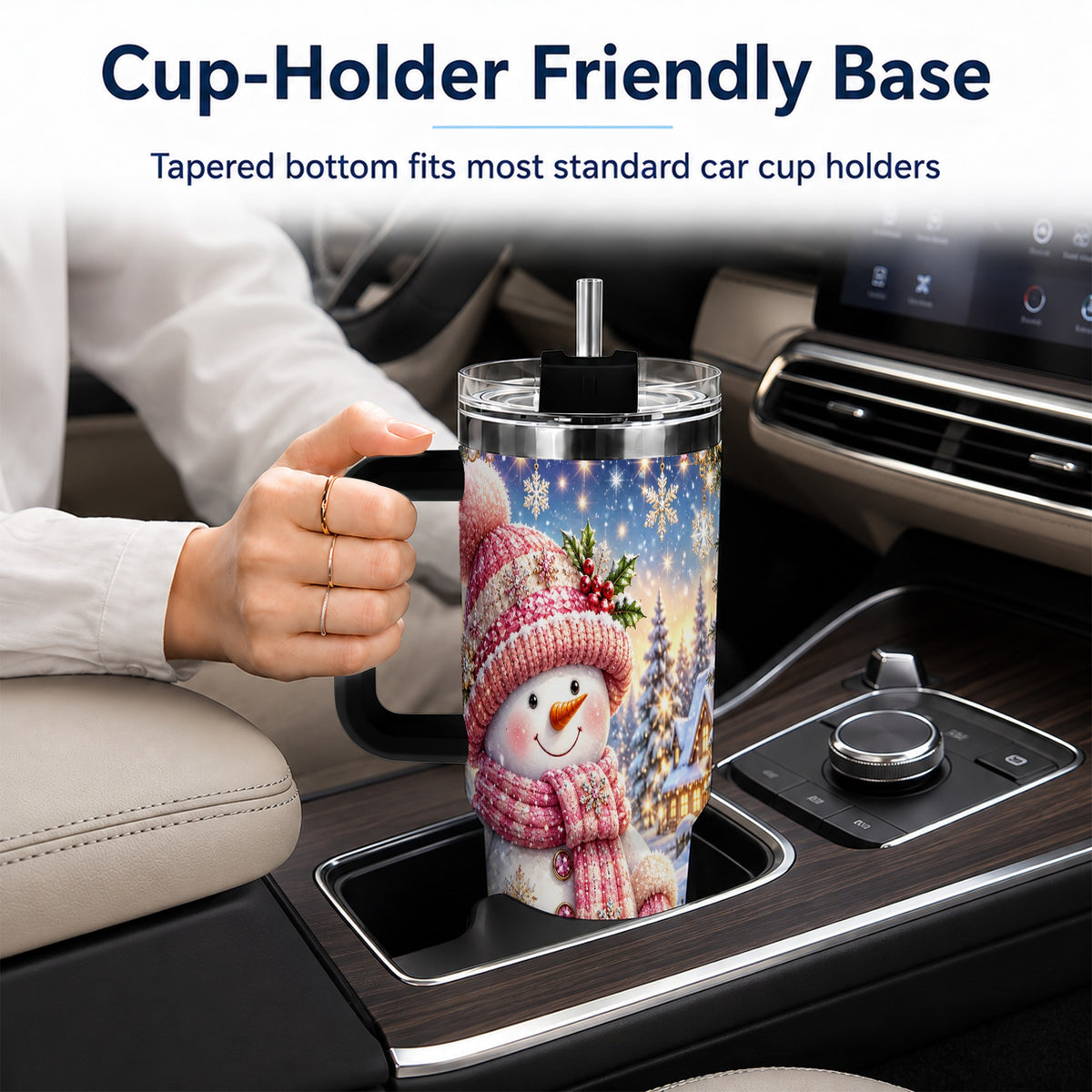 #pl[40oz|Black] Pink Snowman 40oz Tumbler with Handle, Winter Village Travel Cup