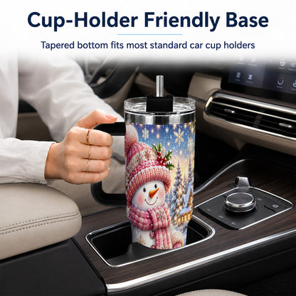 #pl[40oz|Black] Pink Snowman 40oz Tumbler with Handle, Winter Village Travel Cup