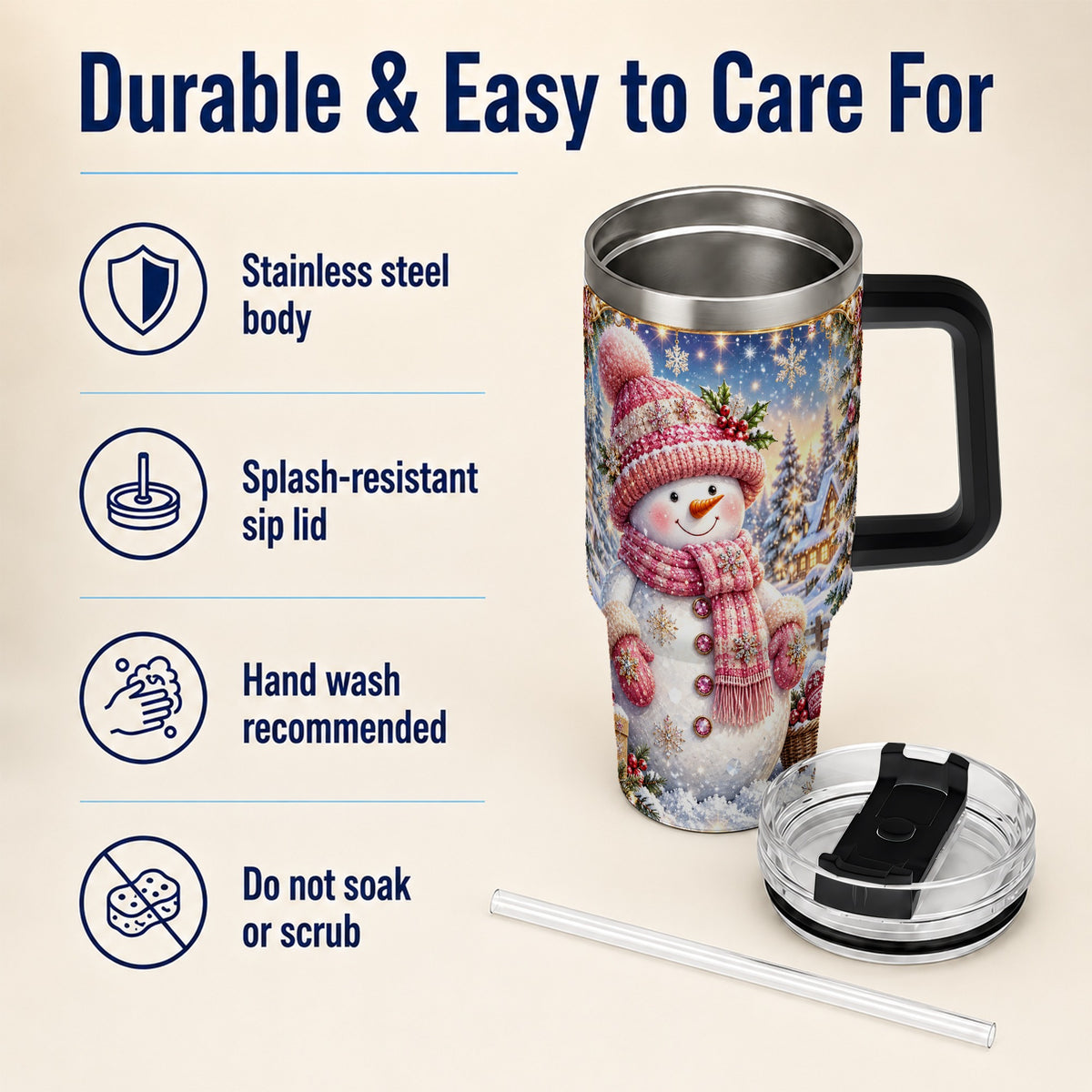 #pl[40oz|Black] Pink Snowman 40oz Tumbler with Handle, Winter Village Travel Cup