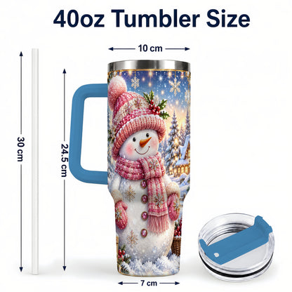 #pl[40oz|Blue] Pink Snowman 40oz Tumbler with Handle, Winter Village Travel Cup