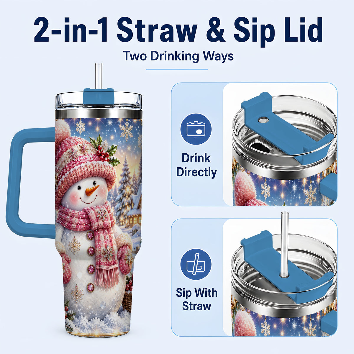 #pl[40oz|Blue] Pink Snowman 40oz Tumbler with Handle, Winter Village Travel Cup