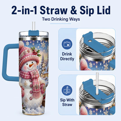 #pl[40oz|Blue] Pink Snowman 40oz Tumbler with Handle, Winter Village Travel Cup