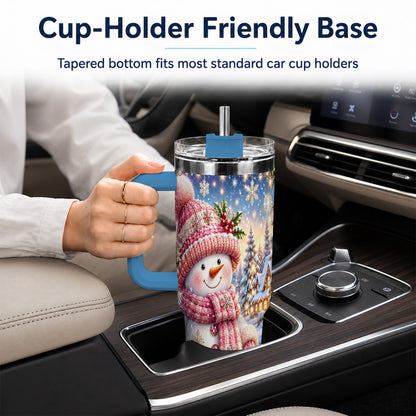 #pl[40oz|Blue] Pink Snowman 40oz Tumbler with Handle, Winter Village Travel Cup