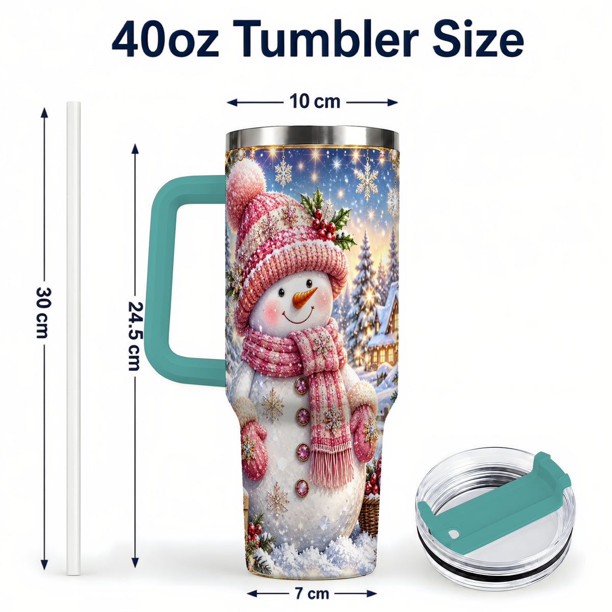 #pl[40oz|Green] Pink Snowman 40oz Tumbler with Handle, Winter Village Travel Cup