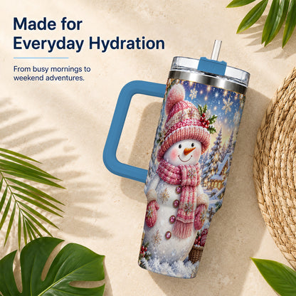 #pl[40oz|Blue] Pink Snowman 40oz Tumbler with Handle, Winter Village Travel Cup