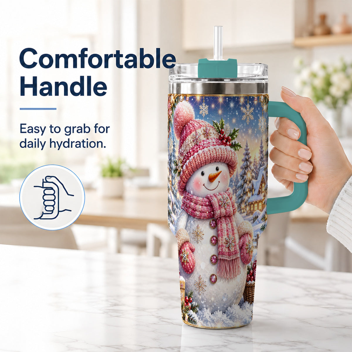 #pl[40oz|Green] Pink Snowman 40oz Tumbler with Handle, Winter Village Travel Cup