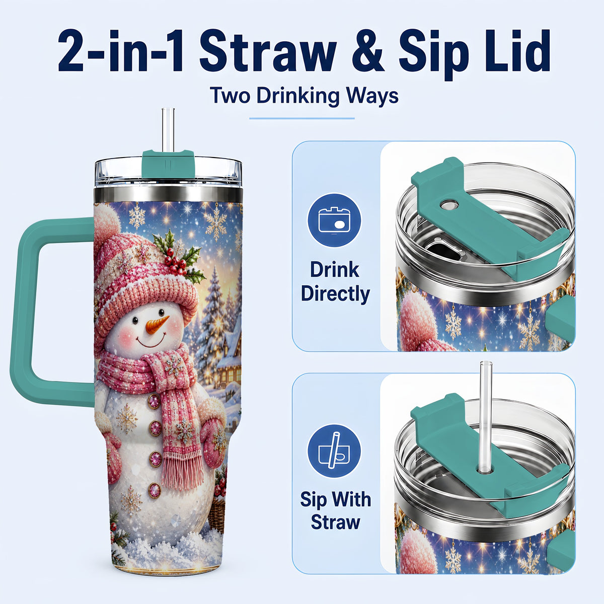 #pl[40oz|Green] Pink Snowman 40oz Tumbler with Handle, Winter Village Travel Cup