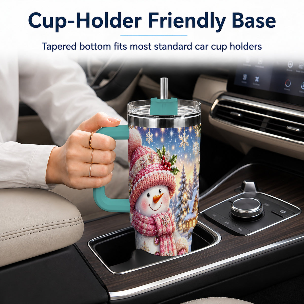 #pl[40oz|Green] Pink Snowman 40oz Tumbler with Handle, Winter Village Travel Cup