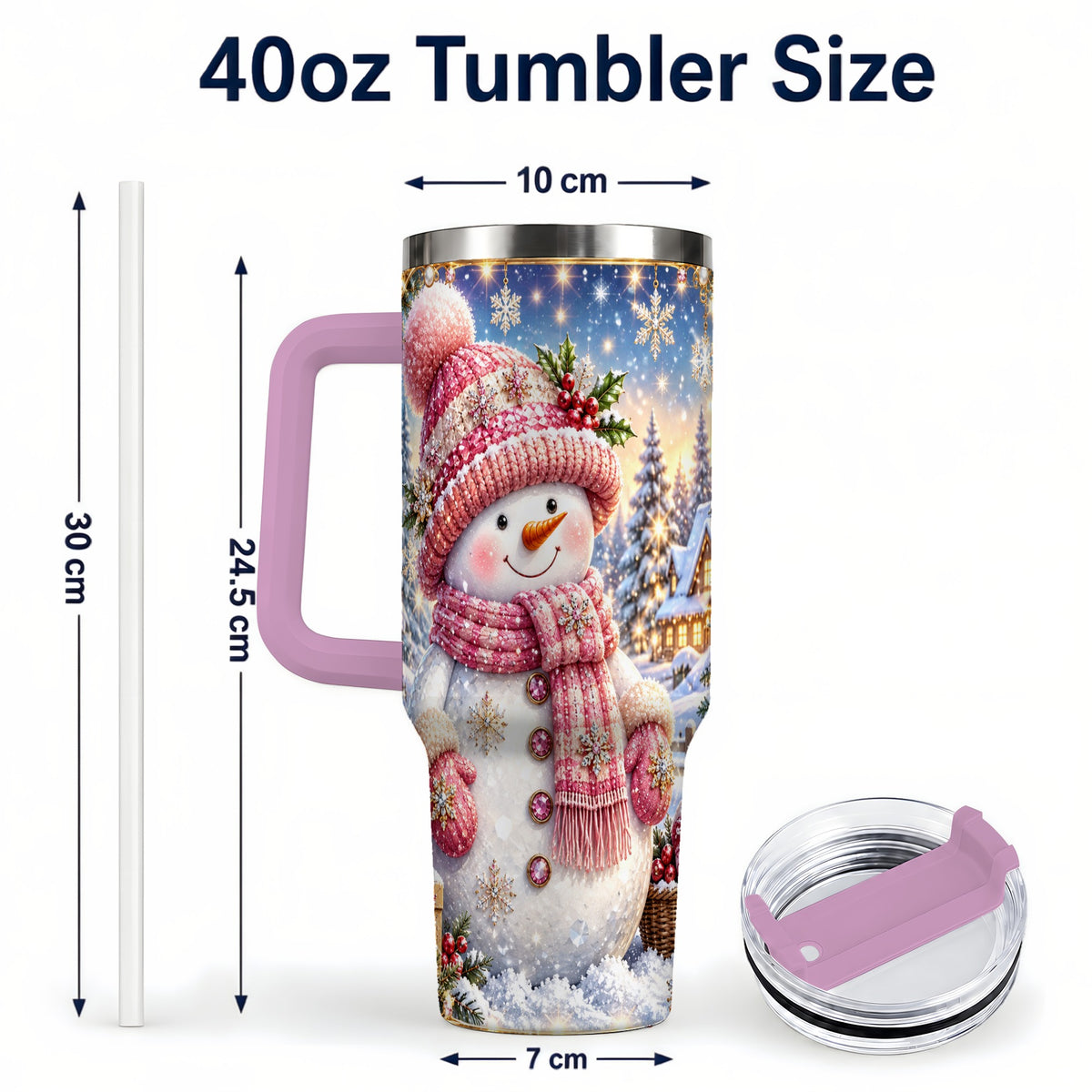 #pl[40oz|Pink] Pink Snowman 40oz Tumbler with Handle, Winter Village Travel Cup