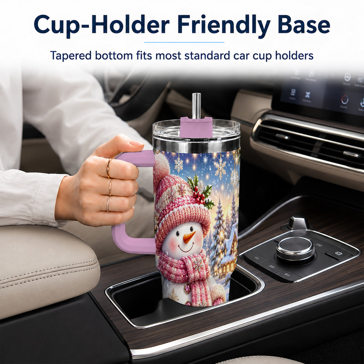 #pl[40oz|Pink] Pink Snowman 40oz Tumbler with Handle, Winter Village Travel Cup