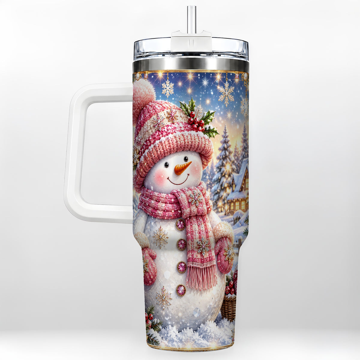 Pink Snowman 40oz Tumbler with Handle, Winter Village Travel Cup