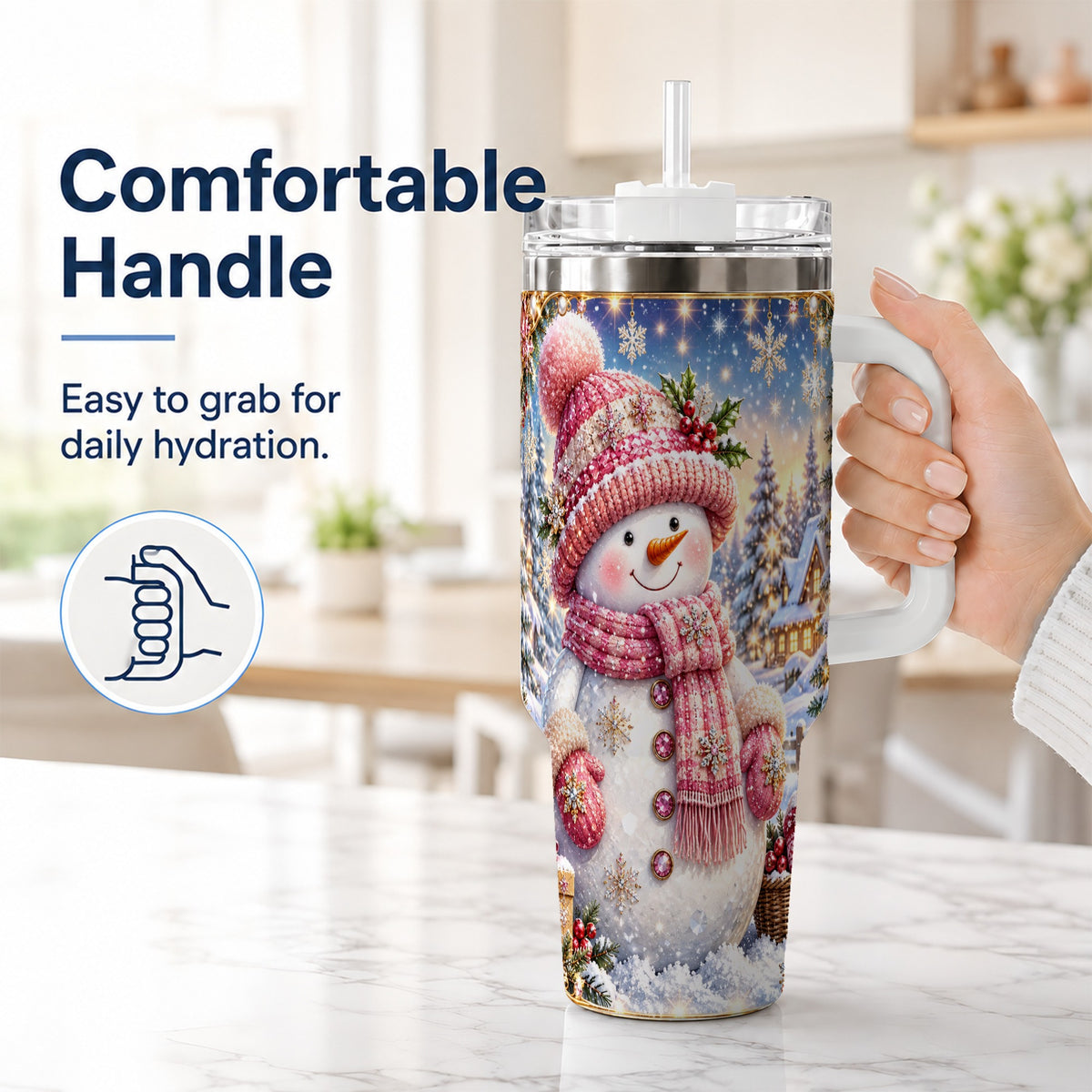 #pl[40oz|White] Pink Snowman 40oz Tumbler with Handle, Winter Village Travel Cup