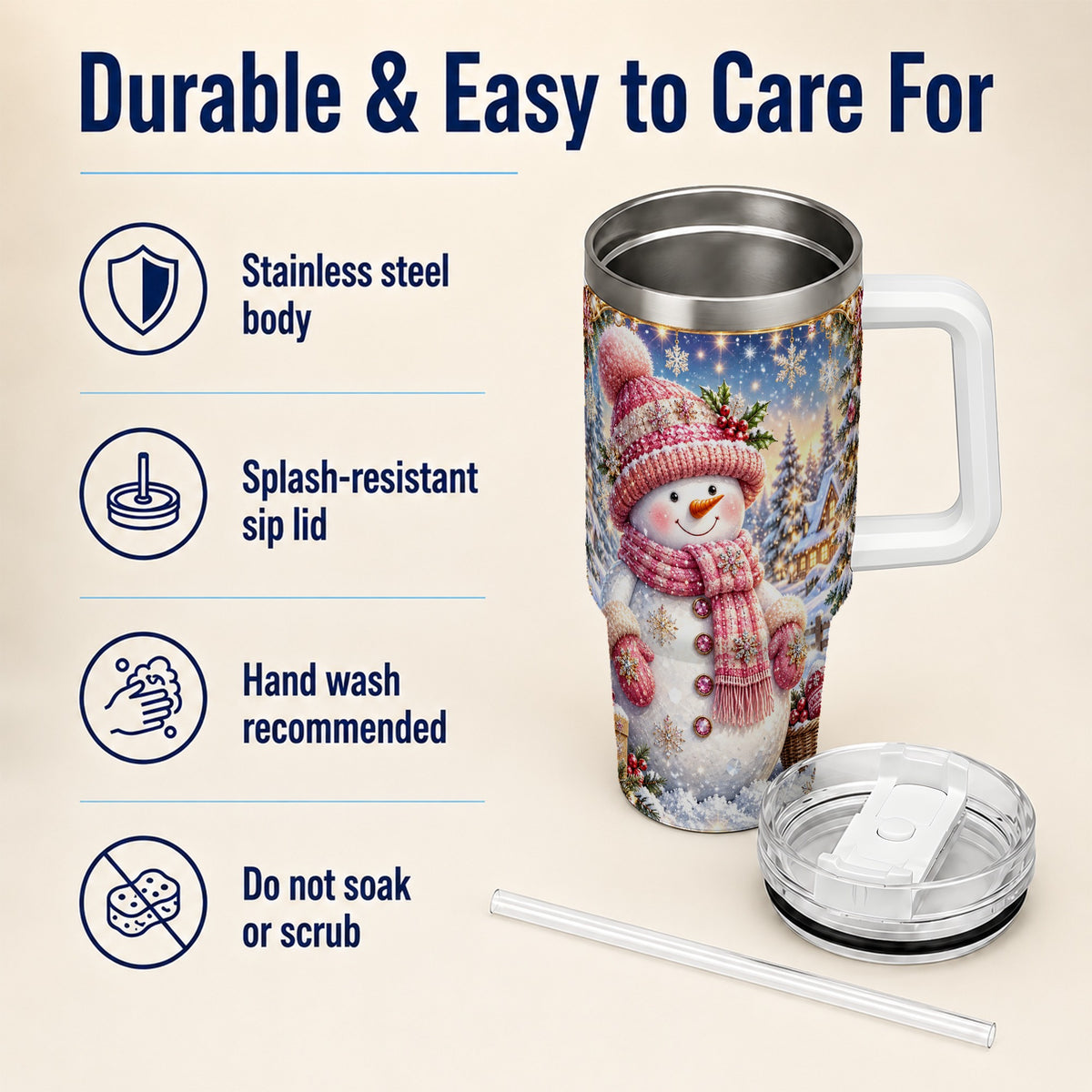 #pl[40oz|White] Pink Snowman 40oz Tumbler with Handle, Winter Village Travel Cup