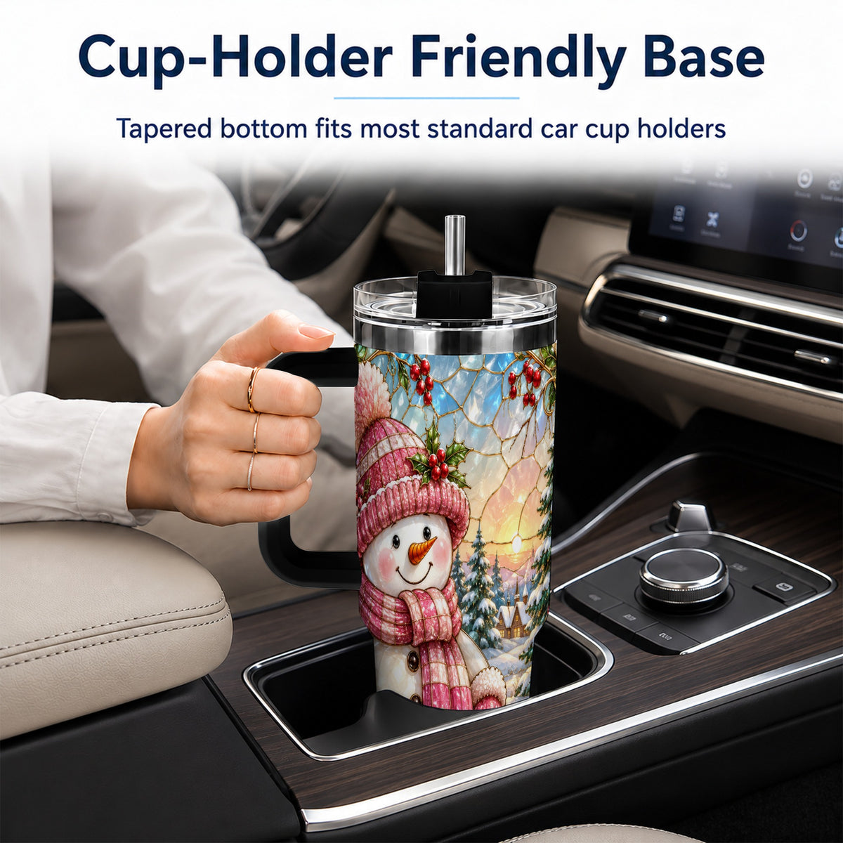 #pl[40oz|Black] Pink Snowman 40oz Tumbler, Winter Scene Stainless Steel Travel Cup
