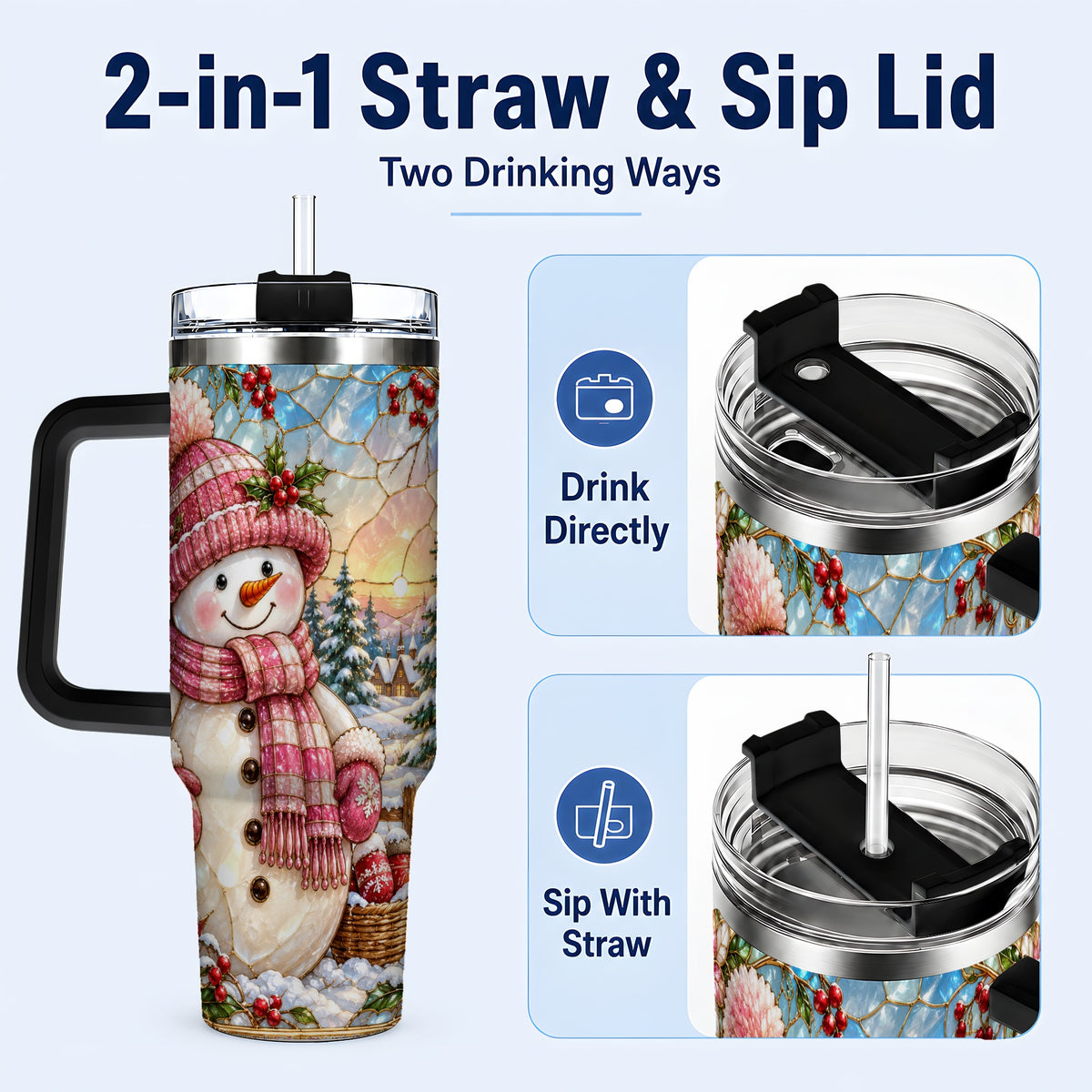 #pl[40oz|Black] Pink Snowman 40oz Tumbler, Winter Scene Stainless Steel Travel Cup