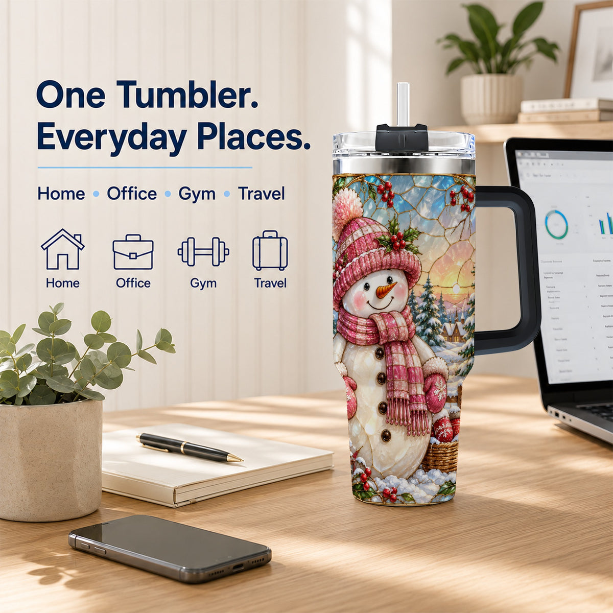 #pl[40oz|Black] Pink Snowman 40oz Tumbler, Winter Scene Stainless Steel Travel Cup