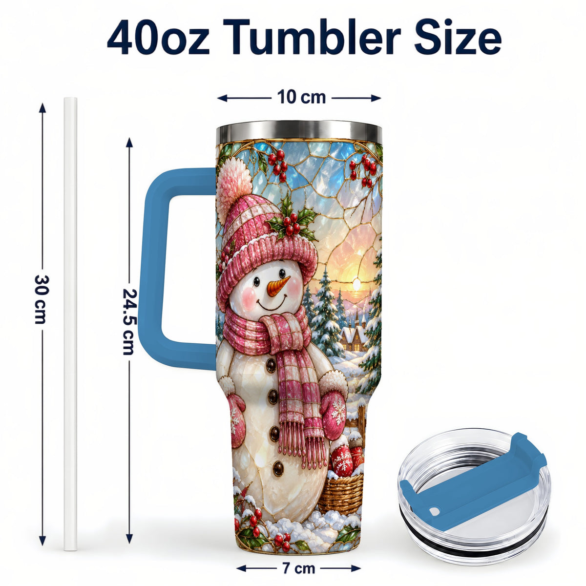 #pl[40oz|Blue] Pink Snowman 40oz Tumbler, Winter Scene Stainless Steel Travel Cup
