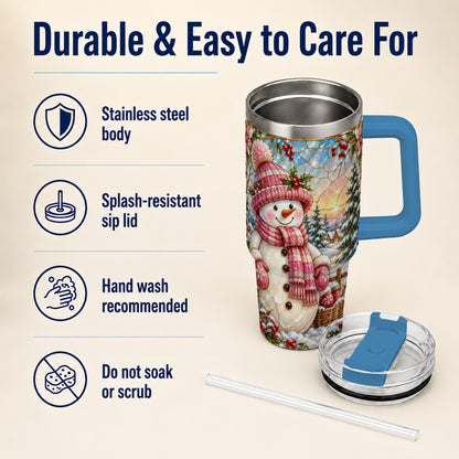 #pl[40oz|Blue] Pink Snowman 40oz Tumbler, Winter Scene Stainless Steel Travel Cup