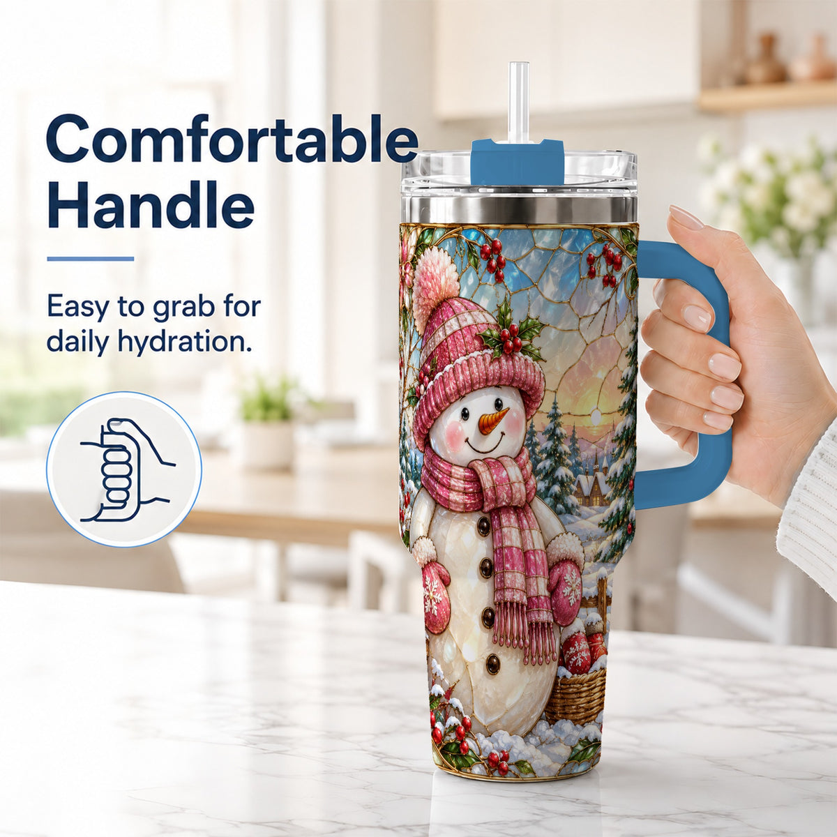 #pl[40oz|Blue] Pink Snowman 40oz Tumbler, Winter Scene Stainless Steel Travel Cup