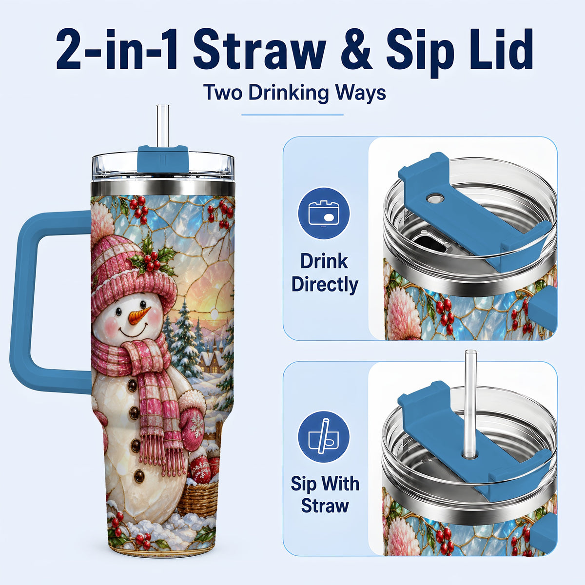 #pl[40oz|Blue] Pink Snowman 40oz Tumbler, Winter Scene Stainless Steel Travel Cup