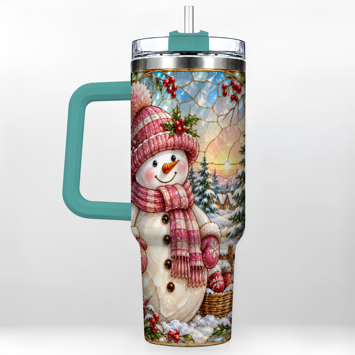 #pl[40oz|Green] Pink Snowman 40oz Tumbler, Winter Scene Stainless Steel Travel Cup