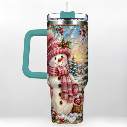#pl[40oz|Green] Pink Snowman 40oz Tumbler, Winter Scene Stainless Steel Travel Cup