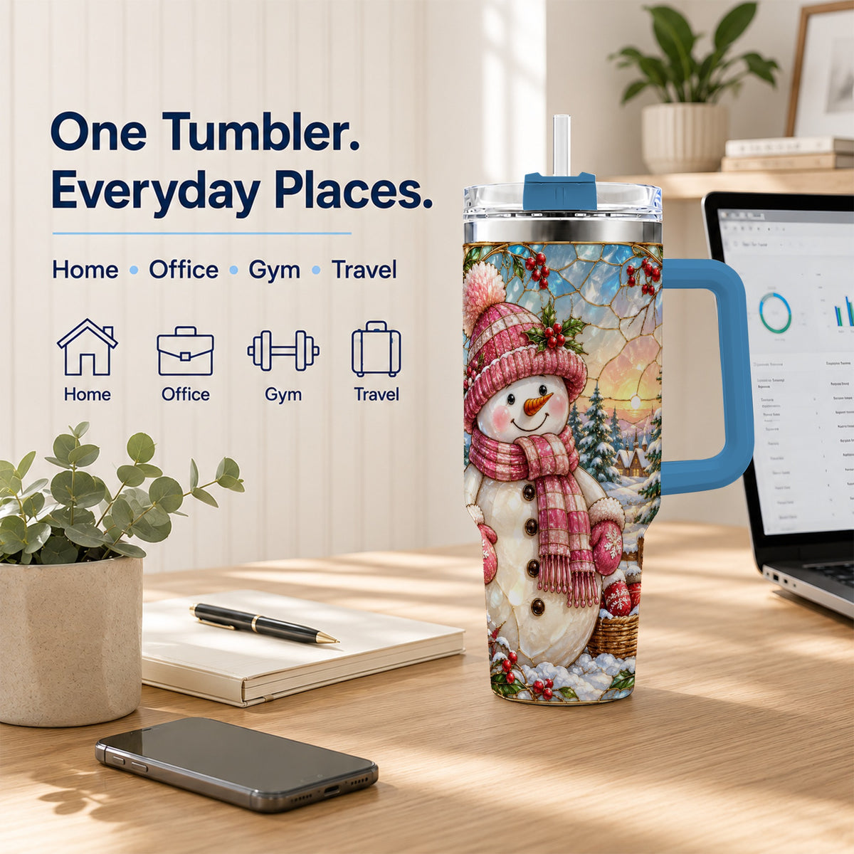 #pl[40oz|Blue] Pink Snowman 40oz Tumbler, Winter Scene Stainless Steel Travel Cup