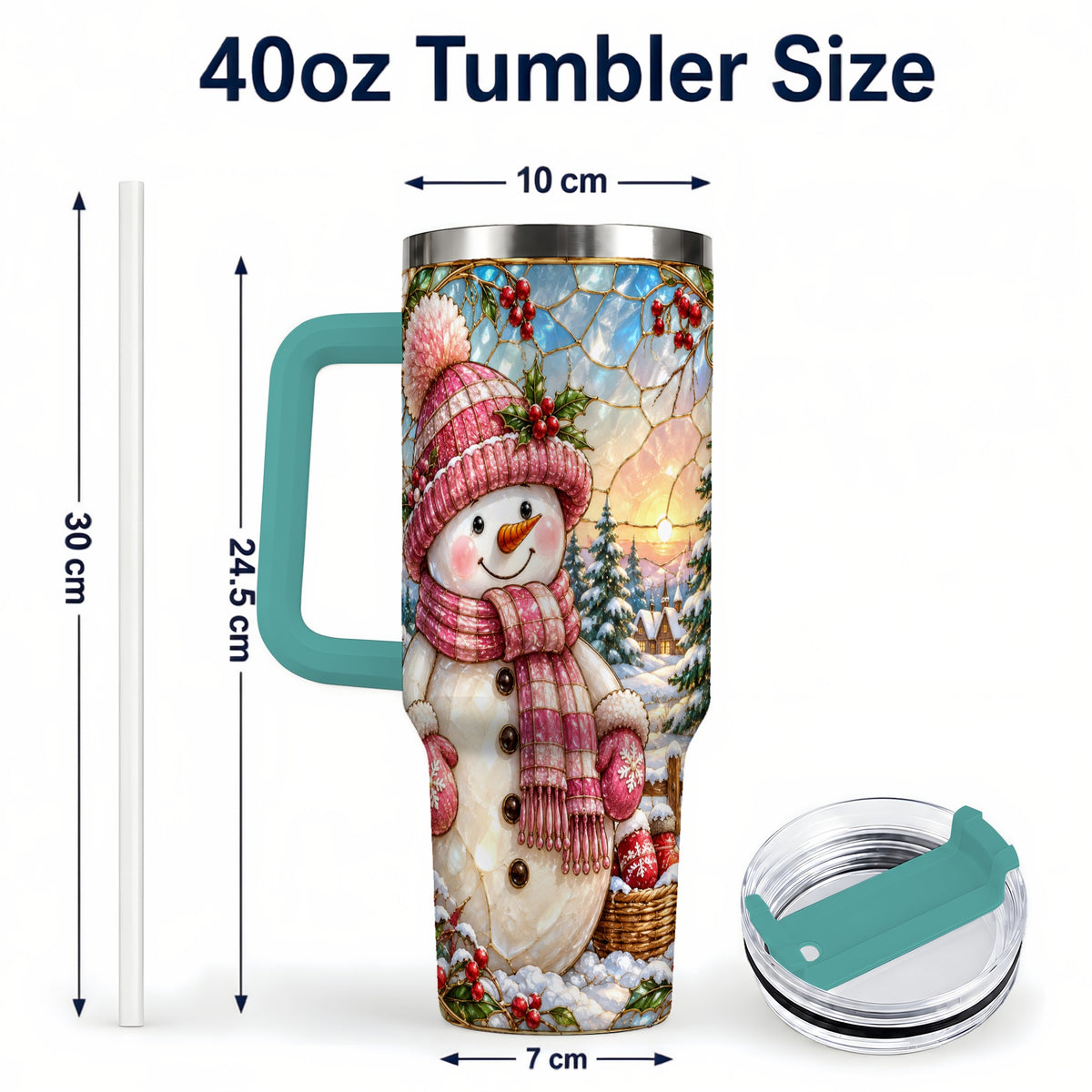 #pl[40oz|Green] Pink Snowman 40oz Tumbler, Winter Scene Stainless Steel Travel Cup