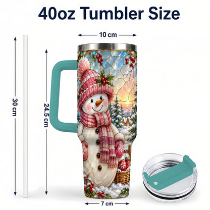 #pl[40oz|Green] Pink Snowman 40oz Tumbler, Winter Scene Stainless Steel Travel Cup