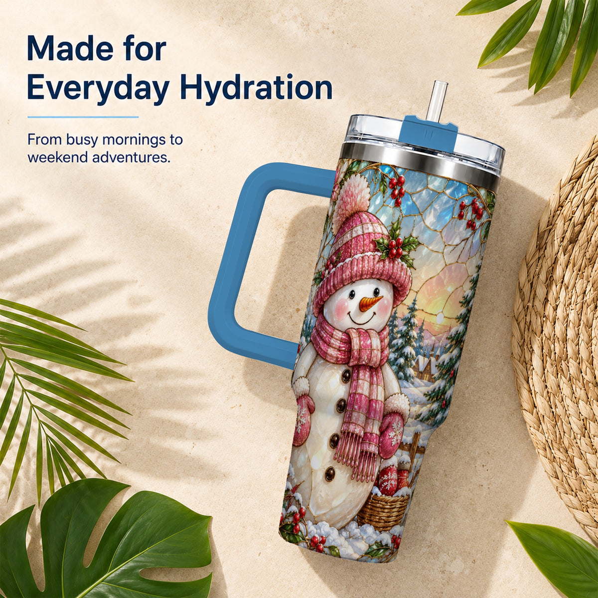 #pl[40oz|Blue] Pink Snowman 40oz Tumbler, Winter Scene Stainless Steel Travel Cup