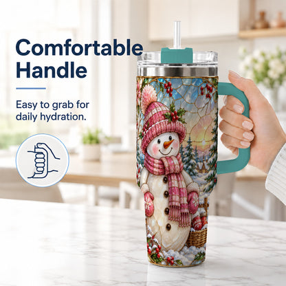 #pl[40oz|Green] Pink Snowman 40oz Tumbler, Winter Scene Stainless Steel Travel Cup